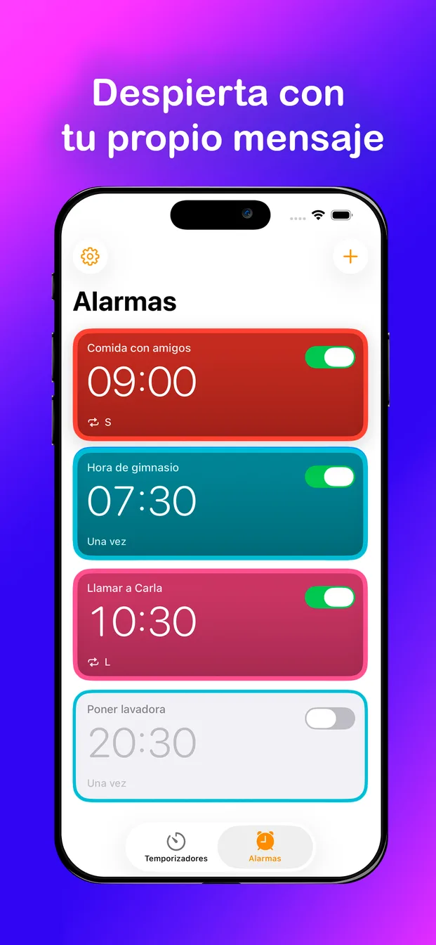 App Alarma con Voz en iPhone: lista de alarmas con tarjetas de colores y mensajes personalizados