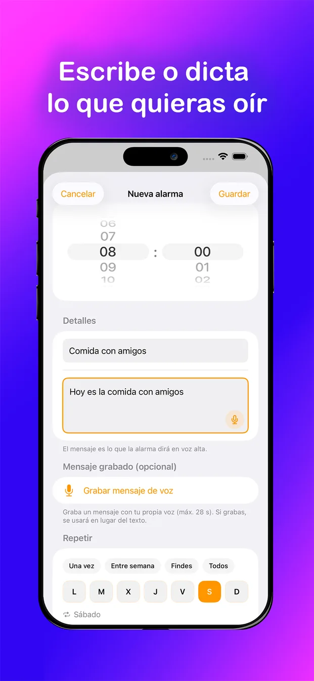 Pantalla de creación de alarma en Alarma con Voz: mensaje escrito, grabación de voz y repetición por días