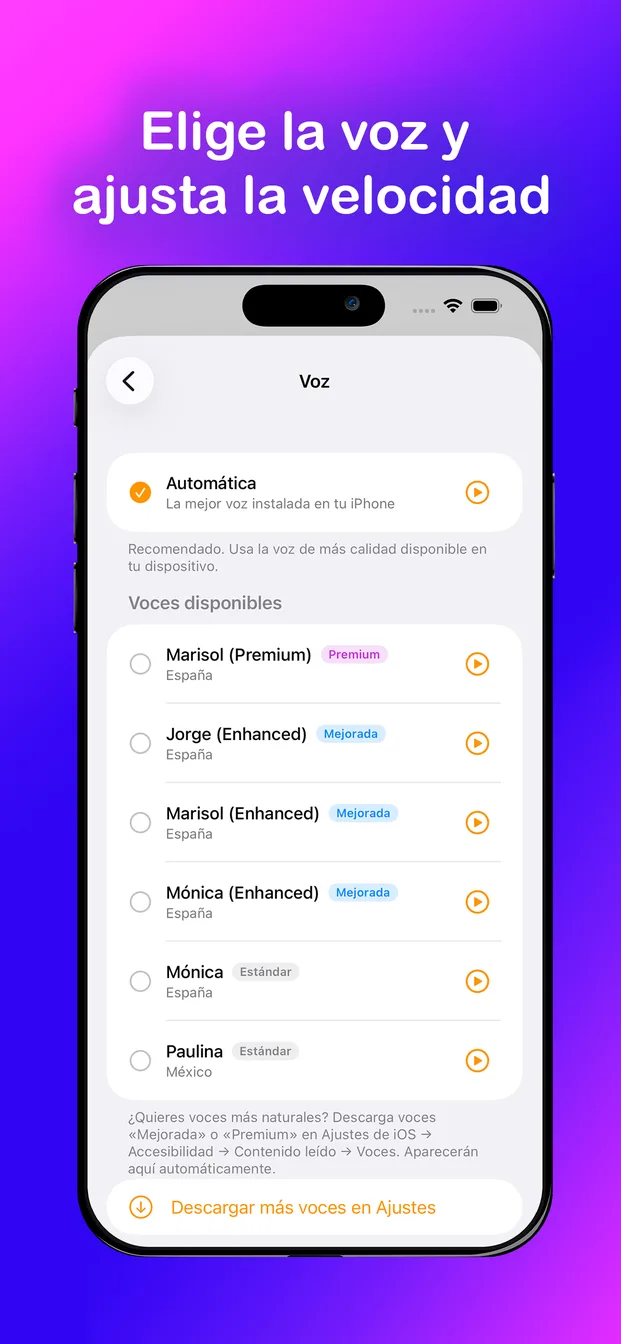 Selector de voces de la app Alarma con Voz: voces en español con calidad Premium y ajuste de velocidad