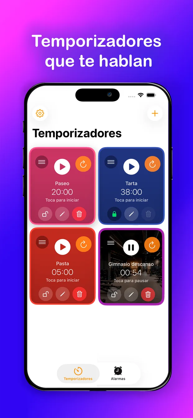 Temporizadores que hablan en la app Alarma con Voz: tarjetas con colores, imágenes y cuenta atrás en iPhone